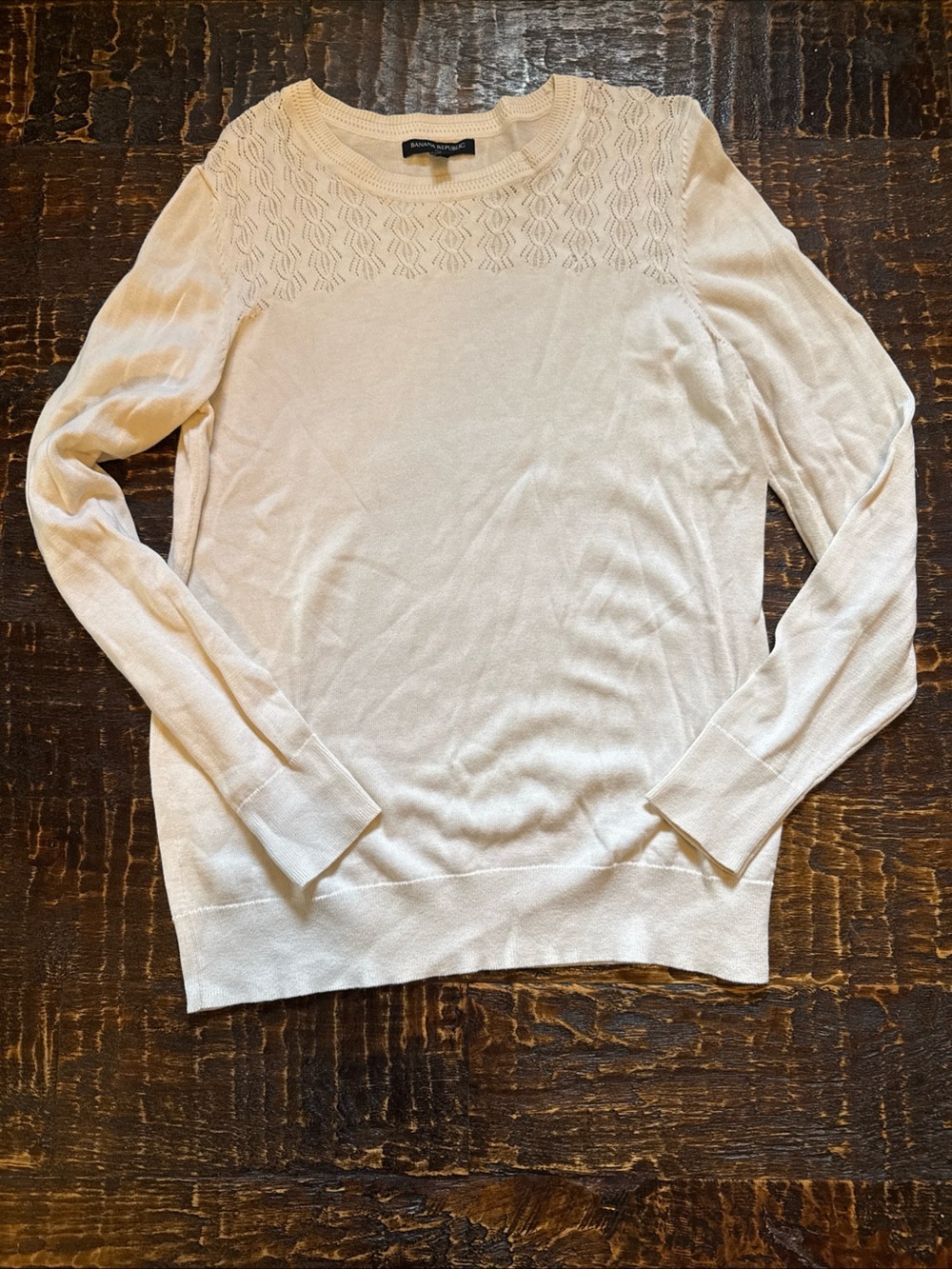 Preppy Minimalist Quiet Luxury Banana Republic Ivory Sweater Open Knit Yoke